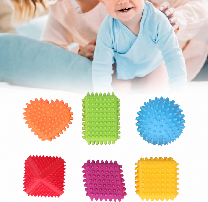 Six colorful textured sensory shapes pictured with a child and an adult