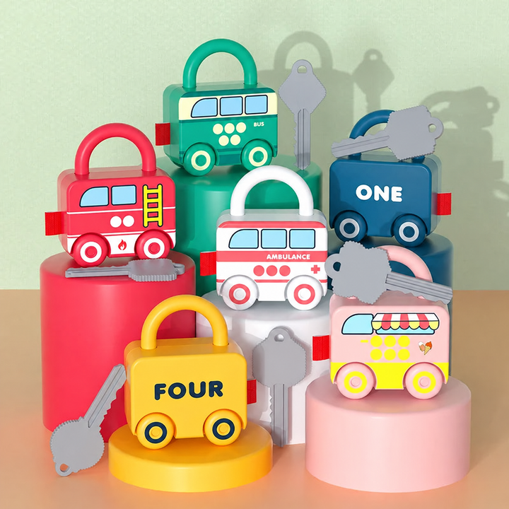 Six colorful vehicle-shaped toy locks with matching gray keys displayed on colored platforms.