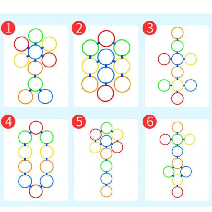 Six layout ideas for connecting multicolor play hoops into hopping courses