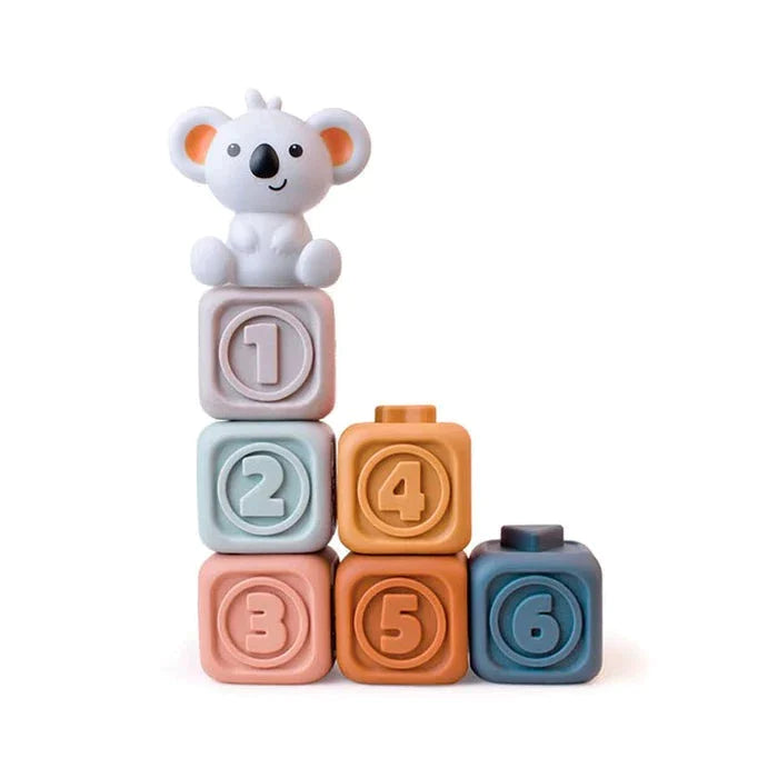 Six numbered stacking cubes arranged in a stepped tower with a koala figure on top