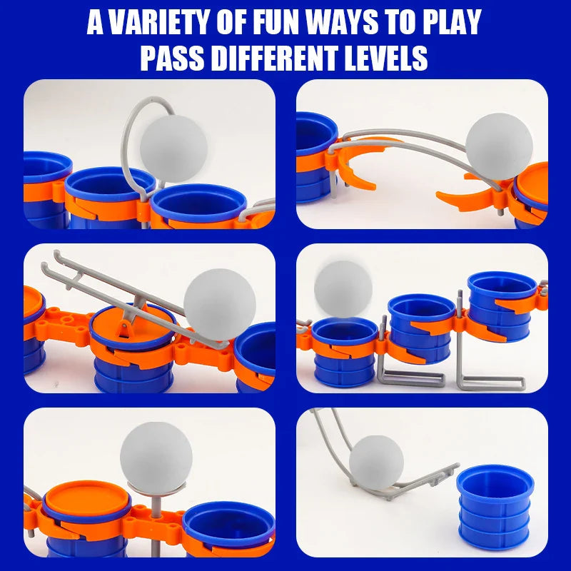 Six cup-course challenges showing a white ball at hoops, ramps, a seesaw and a bounce platform