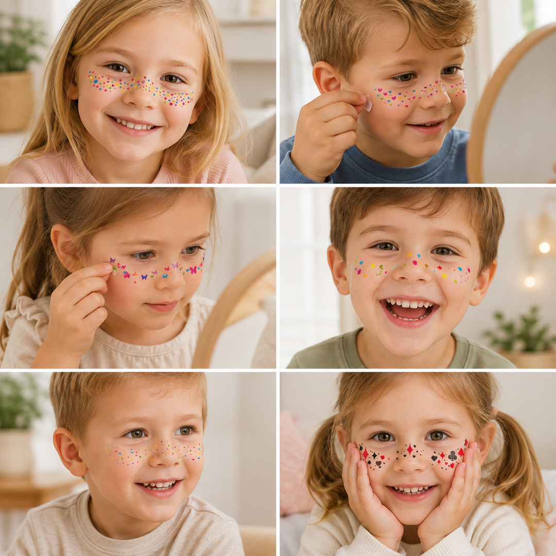 Collage of children wearing six different temporary face sticker designs