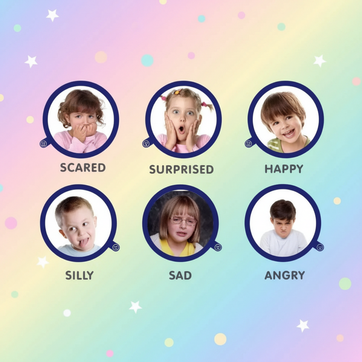 Examples of scared, surprised, happy, silly, sad and angry facial expressions
