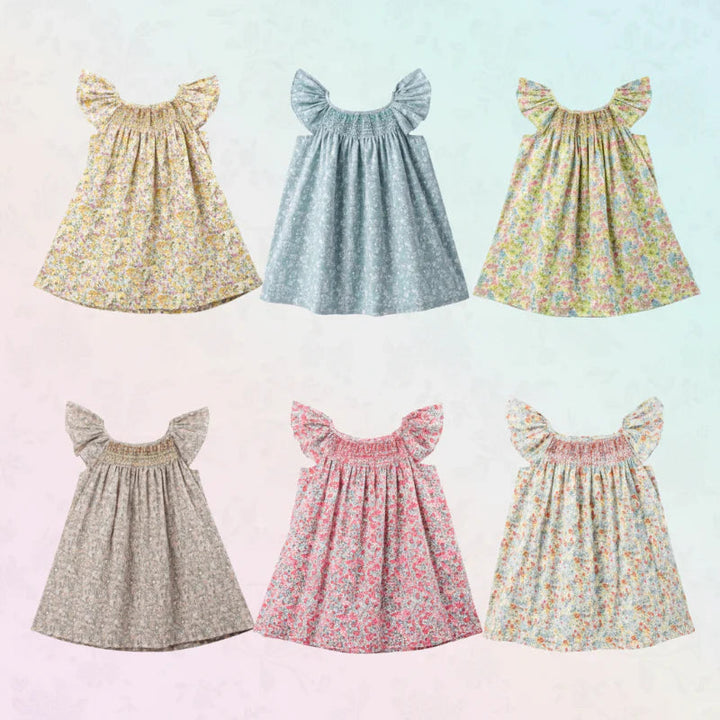 Six floral flutter-sleeve dresses in blue, pink, yellow, beige, and multicolor prints.