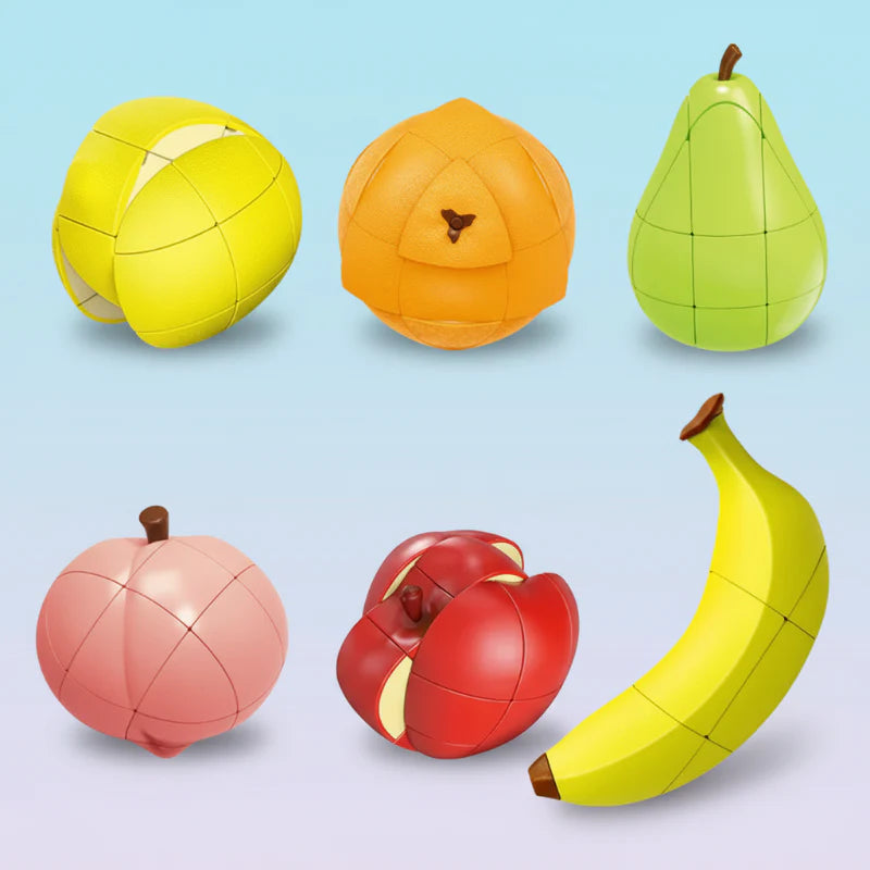Lemon, orange, pear, peach, apple, and banana twist puzzles displayed together
