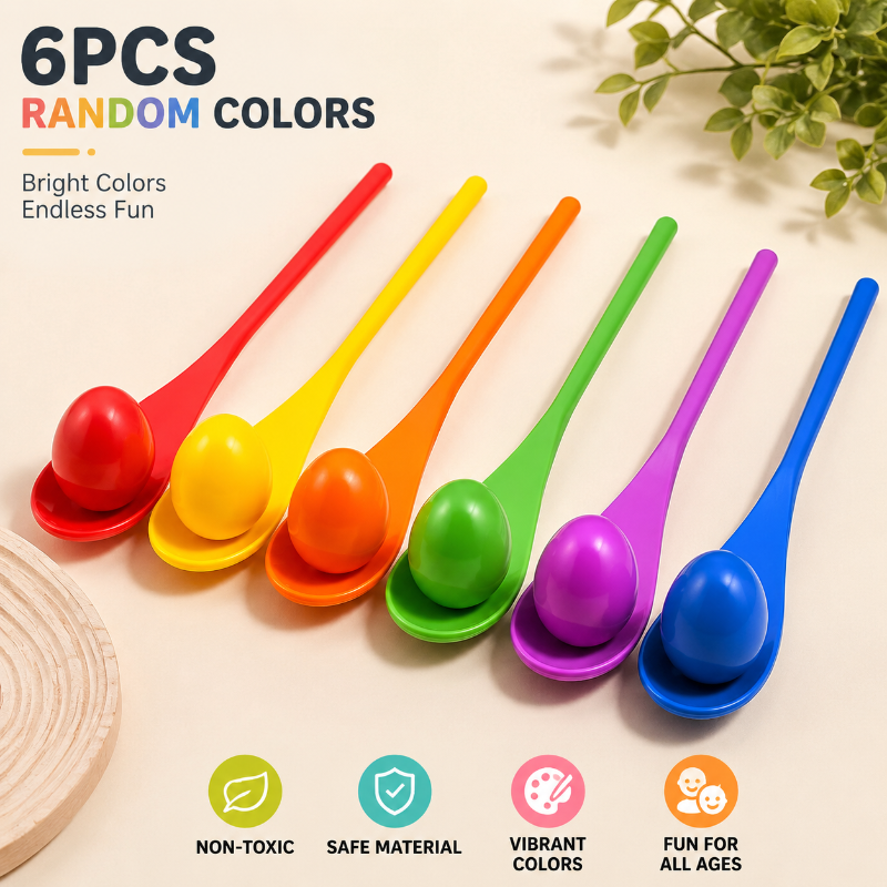 Six colorful wooden egg-and-spoon pairs displayed for the set option.