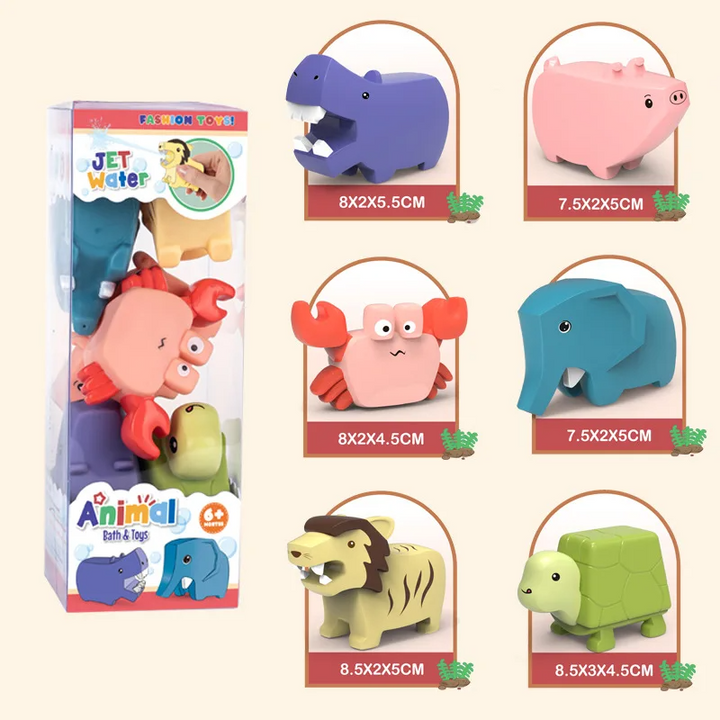 Six-piece animal bath toy set with hippo, pig, crab, elephant, striped cat, and turtle
