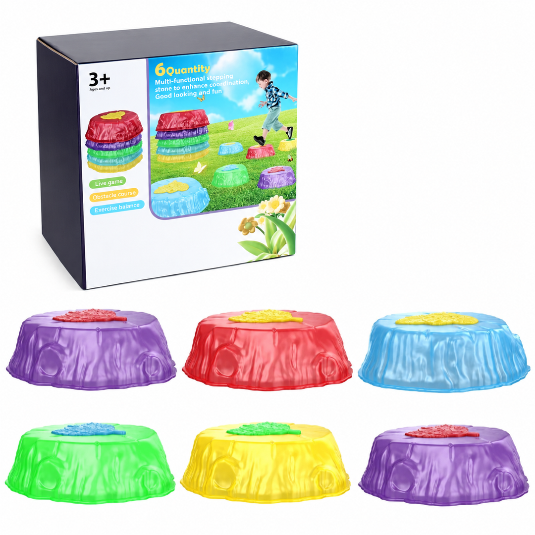 Six-piece balance stone set in purple, red, blue, green, and yellow with its box