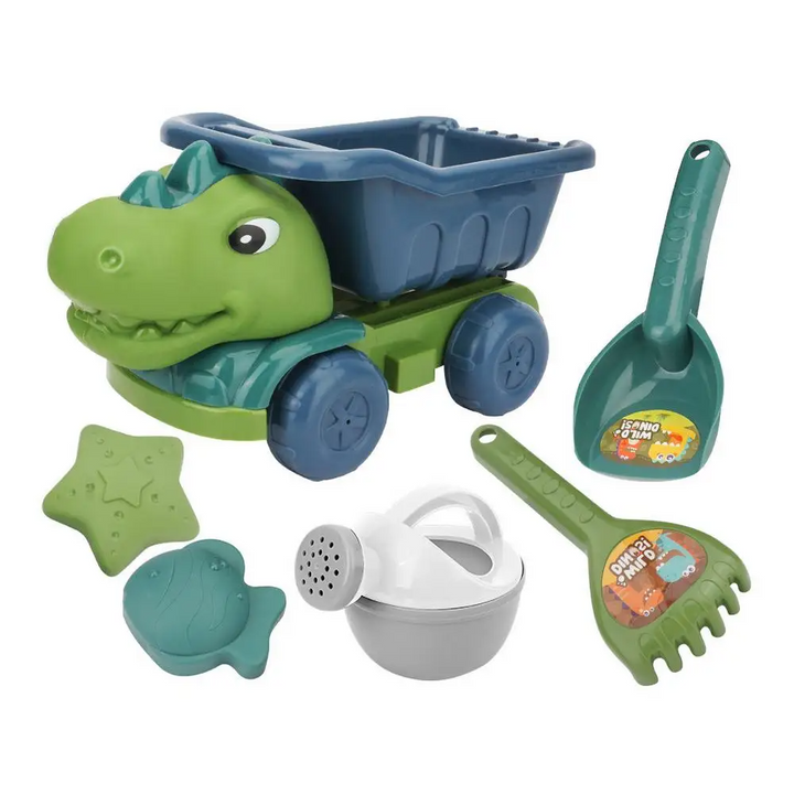 Six-piece set with dinosaur dump truck, shovel, rake, watering can, star mold, and turtle mold