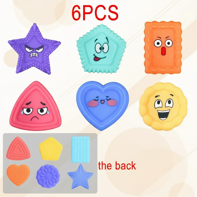 Six silicone emotion shapes with expressive faces and a preview of the textured backs