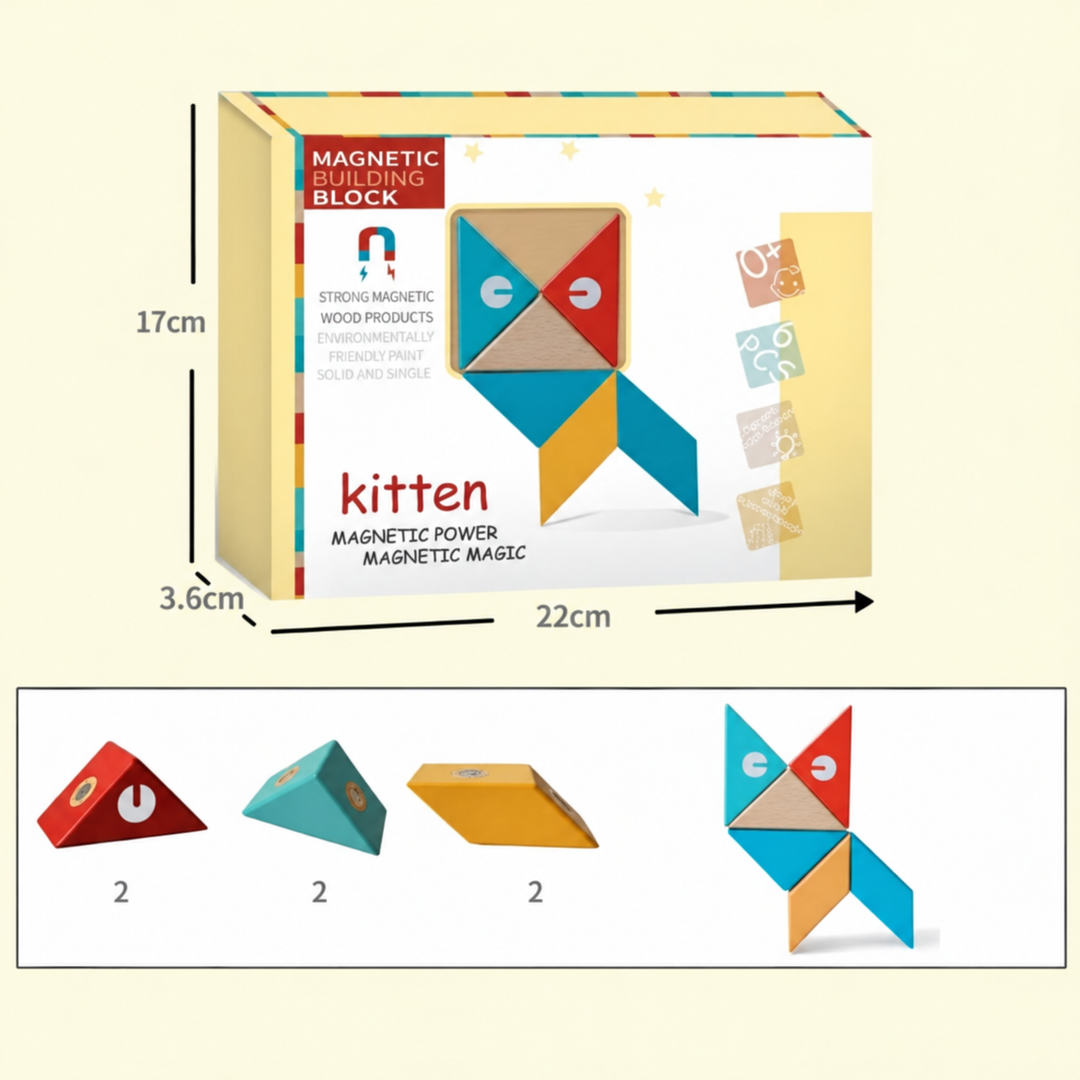 Magnetic block box with 22 x 17 x 3.6 cm measurements and a six-piece cat design