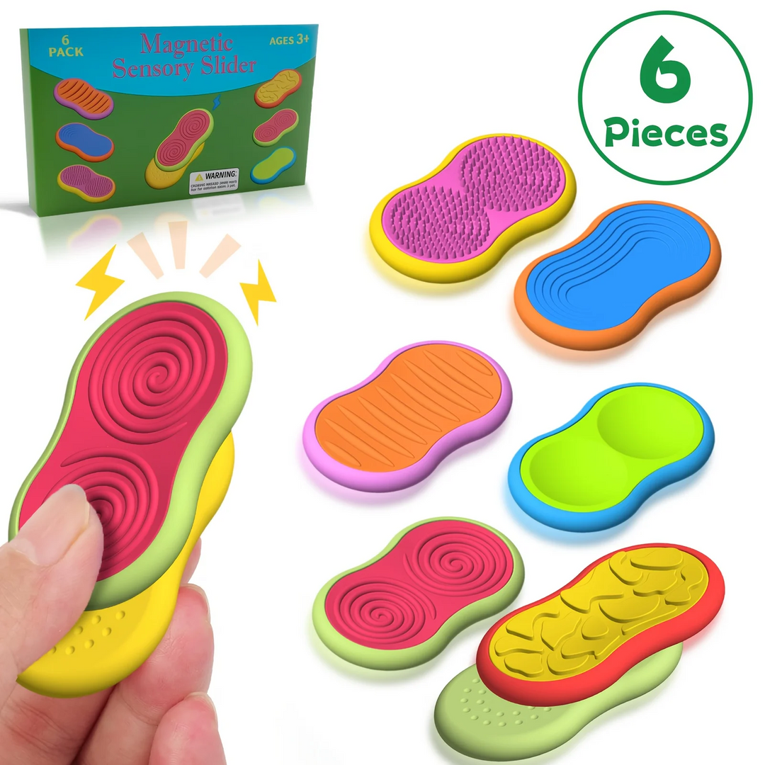 Six-piece magnetic fidget set beside its box, with a hand holding a spiral-textured piece