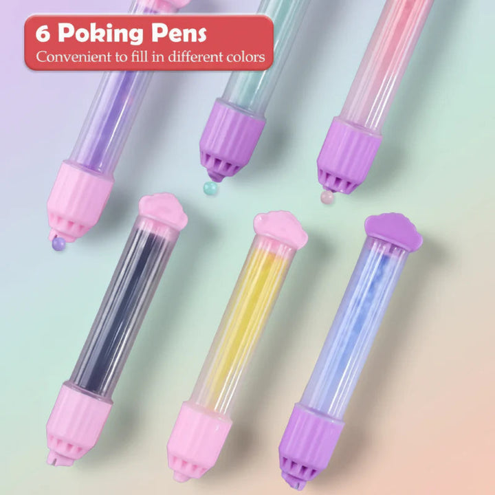 Six clear bead applicator pens with pink and purple ends and assorted bead colors