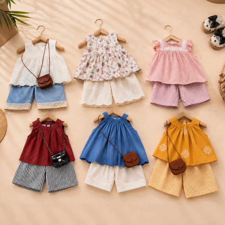 Six sleeveless top and pants sets in floral, solid, striped, and checked styles