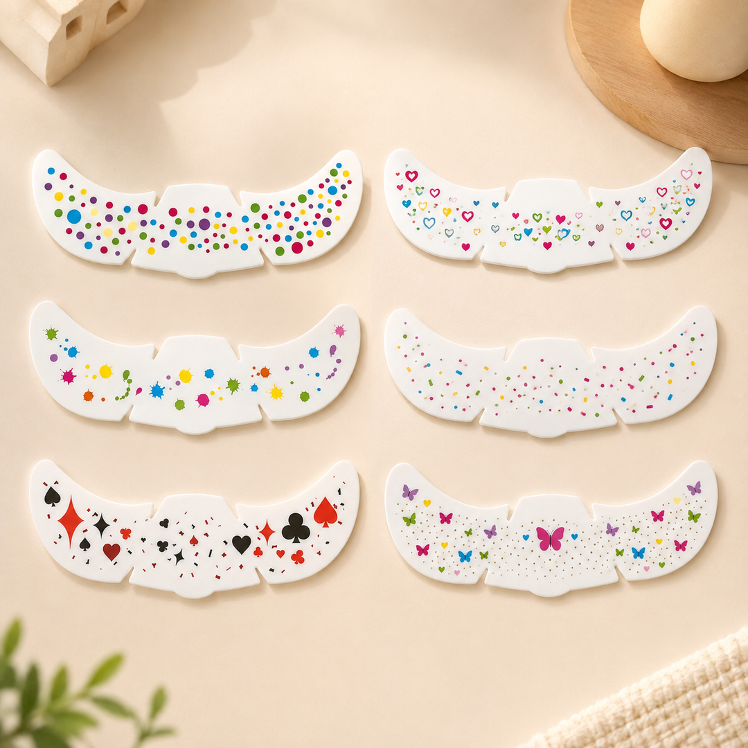 Six temporary face sticker sheets with dots, hearts, butterflies, splashes, confetti, and playing-card suits