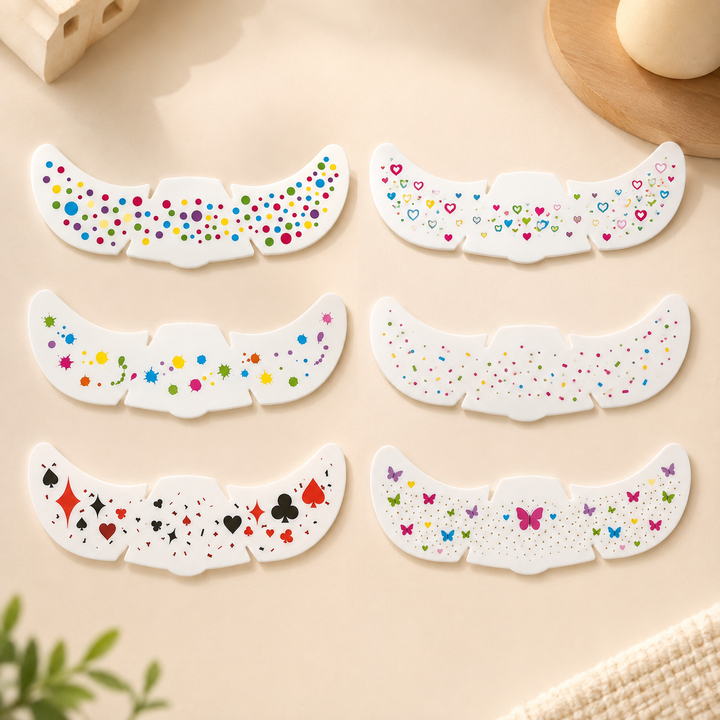 Six temporary face sticker sheets with dots, hearts, butterflies, splashes, confetti, and playing-card suits