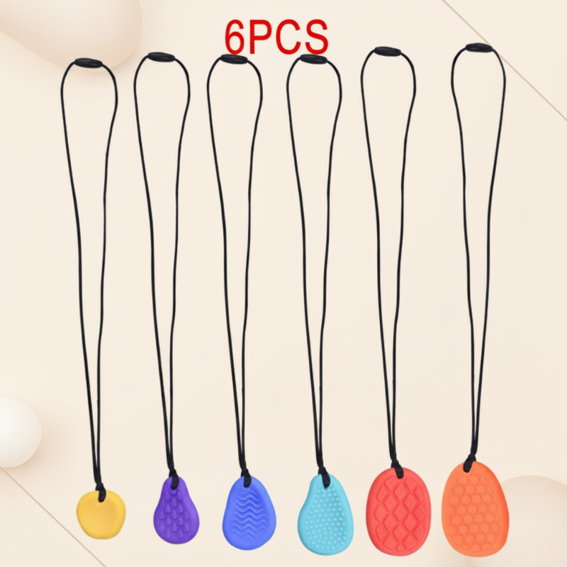 Six colorful textured silicone stones hanging from individual black cords