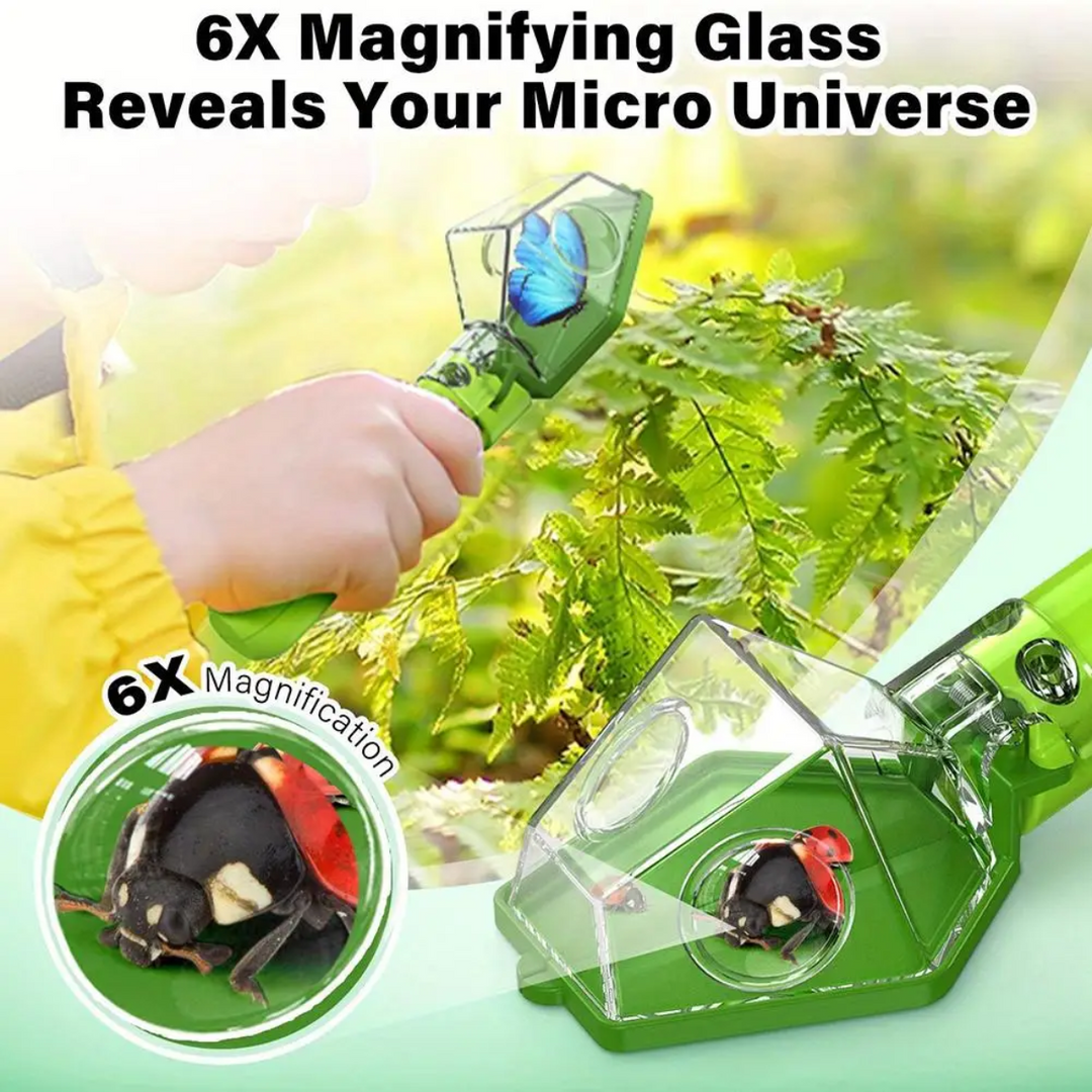 Green insect catcher graphic showing 6x magnification and a close-up view of a ladybug