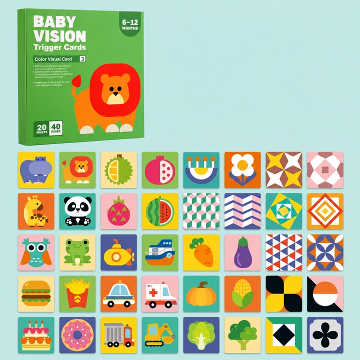 6–12 month picture cards with colorful animals, food, vehicles, and geometric patterns