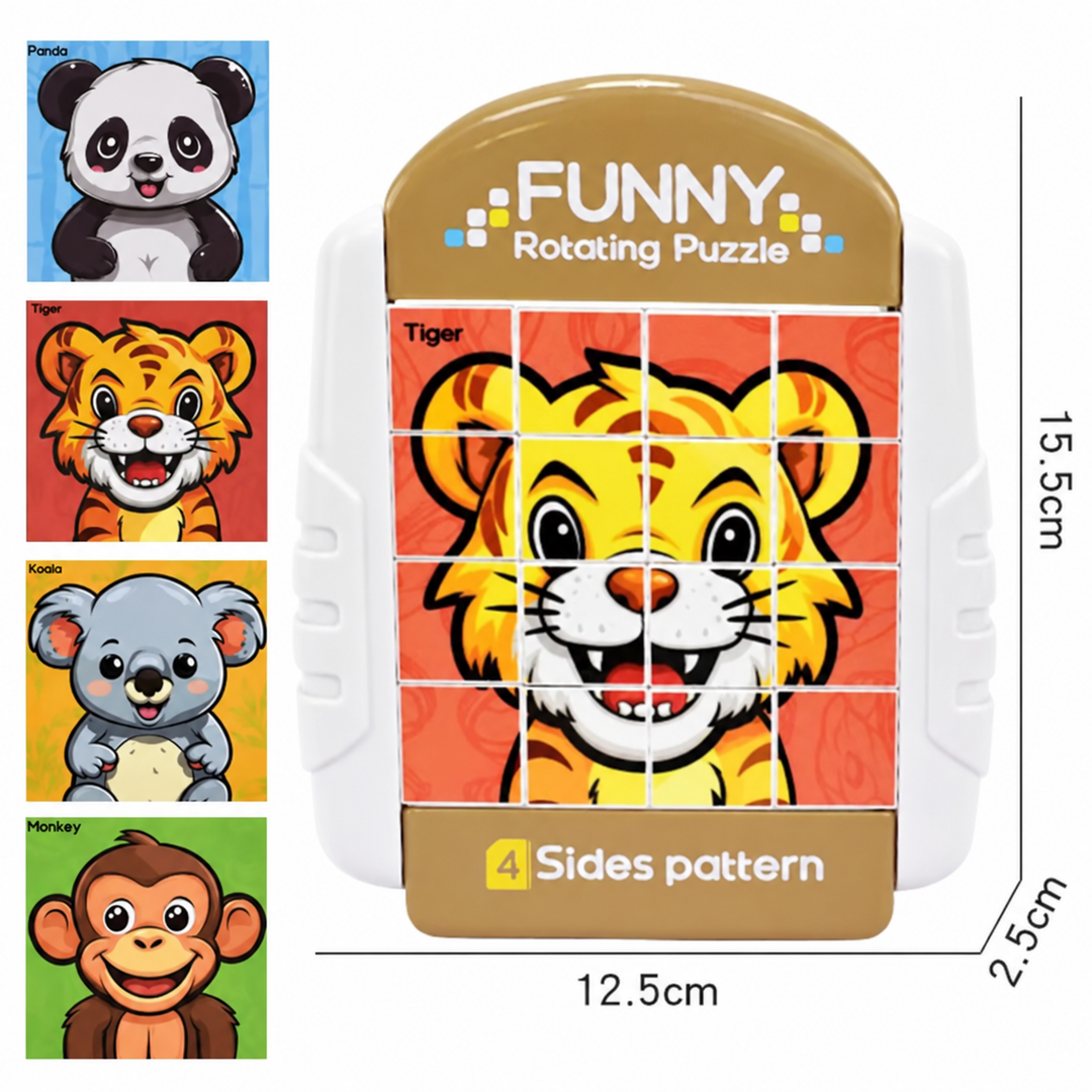 White and gold sixteen-cube animal puzzle showing a tiger, with panda, koala, and monkey designs