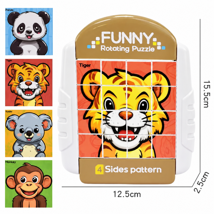 White and gold sixteen-cube animal puzzle showing a tiger, with panda, koala, and monkey designs