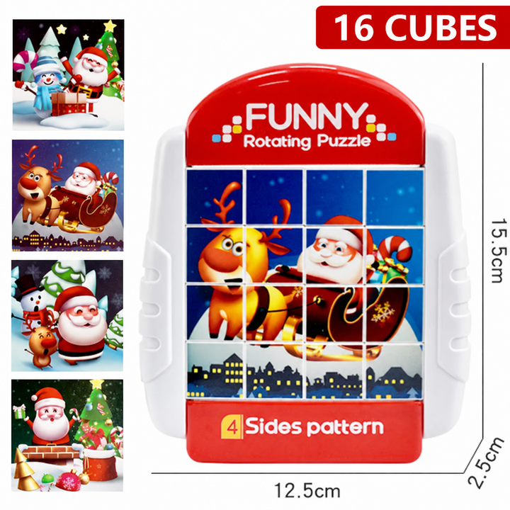 Red and white sixteen-cube Christmas puzzle with Santa and reindeer pictures and a measurement guide