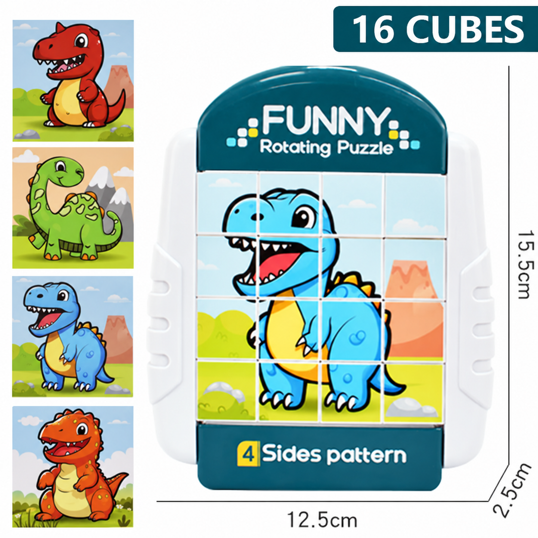 White and teal sixteen-cube dinosaur puzzle with four dinosaur designs and a measurement guide