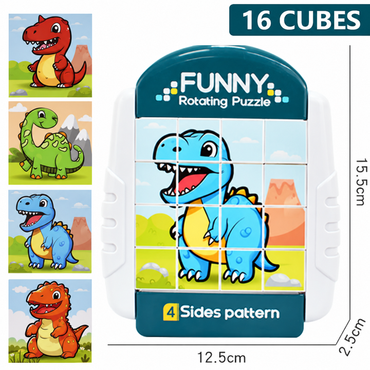White and teal sixteen-cube dinosaur puzzle with four dinosaur designs and a measurement guide