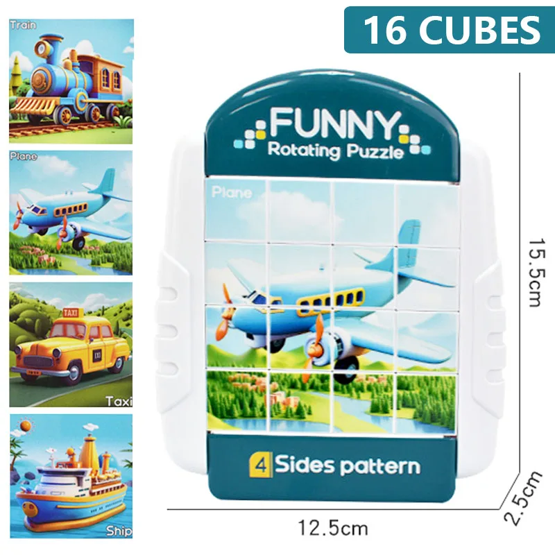 White and teal sixteen-cube transport puzzle showing an airplane, with train, taxi, and ship designs