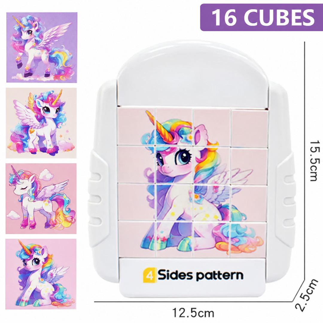 White sixteen-cube unicorn rotary puzzle with four unicorn designs and a measurement guide