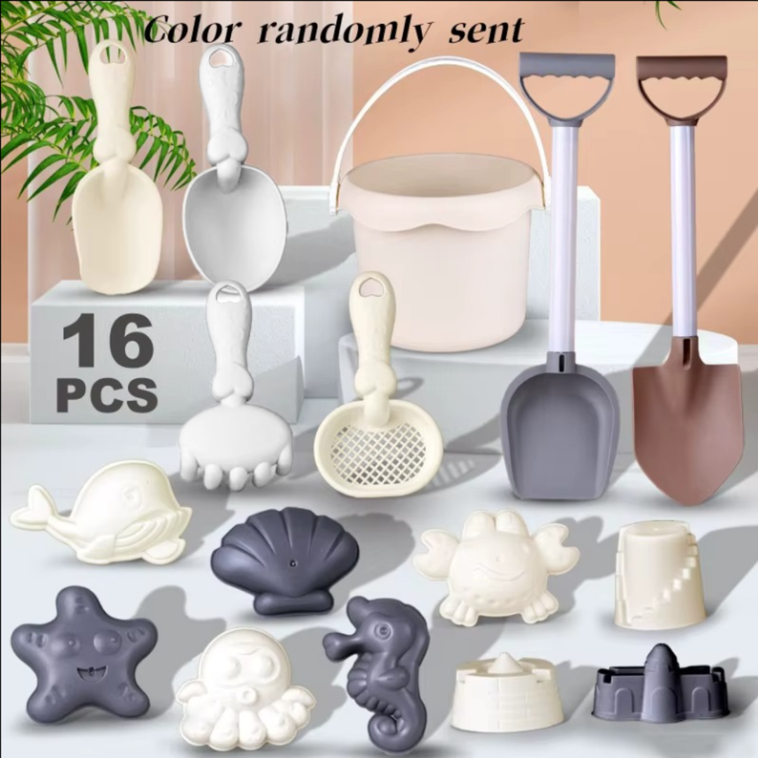 16-piece beach set with a bucket, two long shovels, hand tools, and sand molds