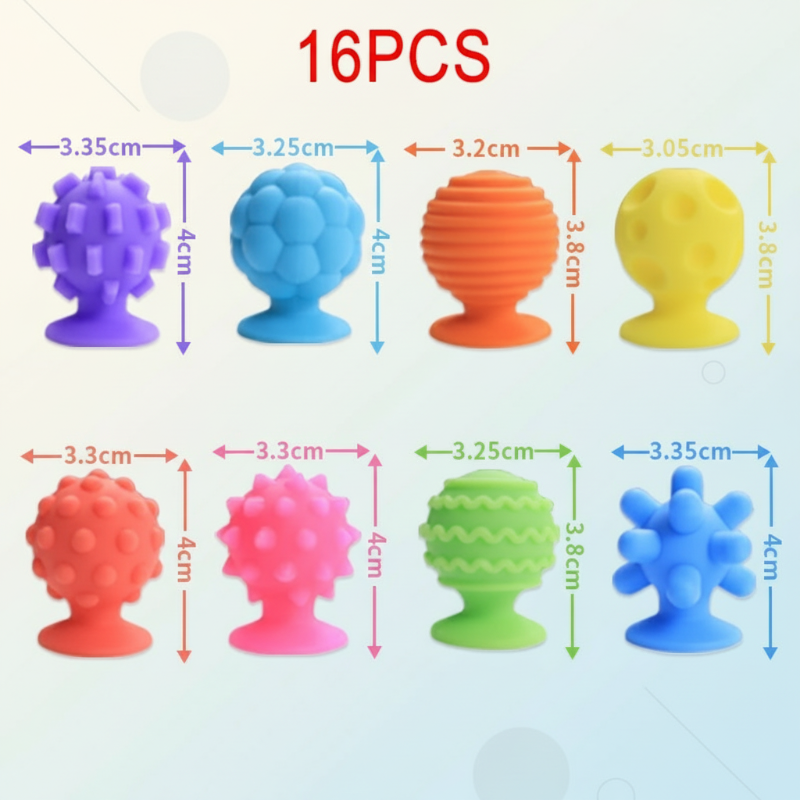 Sixteen-piece round silicone fidget option, with eight texture designs and measurements shown