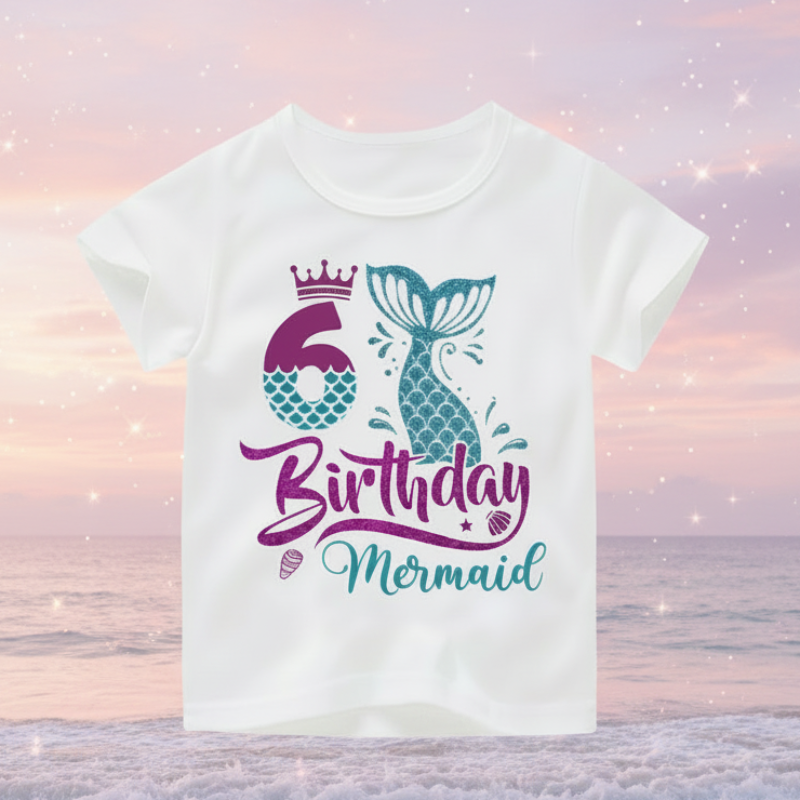 White sixth-birthday T-shirt with a purple number 6, crown, and teal mermaid tail