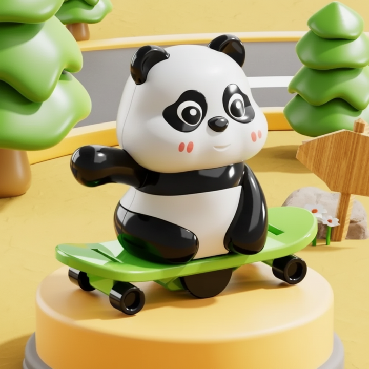 Angled front view of the panda toy riding a green skateboard.