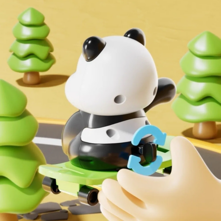 Rear view of the skateboarding panda with a hand turning its wind-up key.