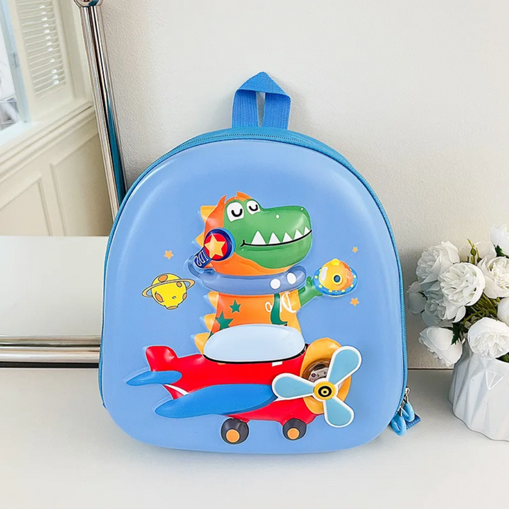Sky-blue dinosaur backpack with a red airplane and front propeller
