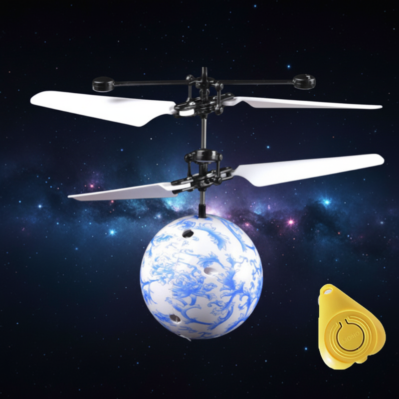 Sky-blue patterned flying ball with white rotor blades and a yellow remote