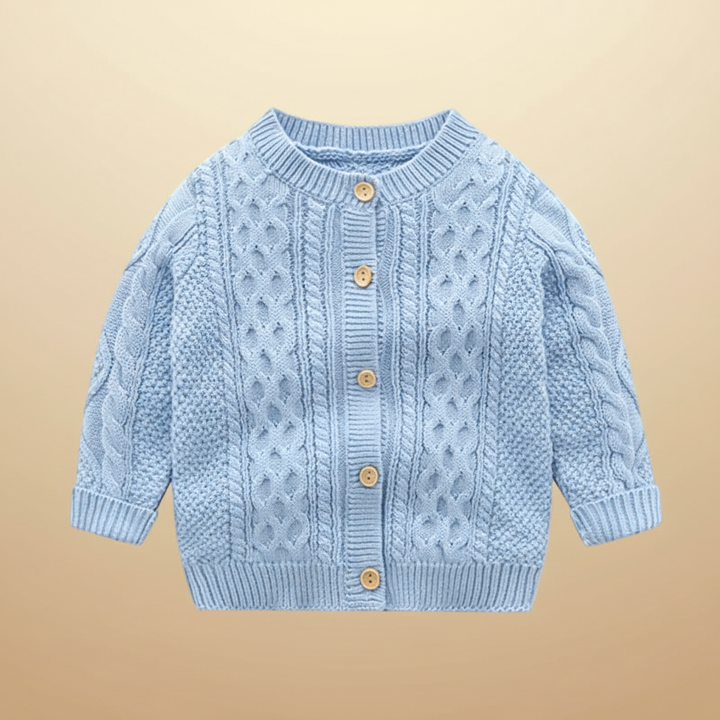 Sky blue round-neck baby cardigan with cable-knit panels and ribbed trim