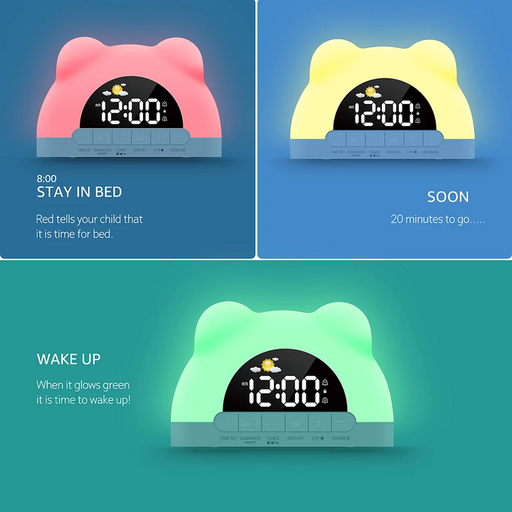 Red, yellow, and green clock lights illustrated as stay-in-bed, soon, and wake-up cues.