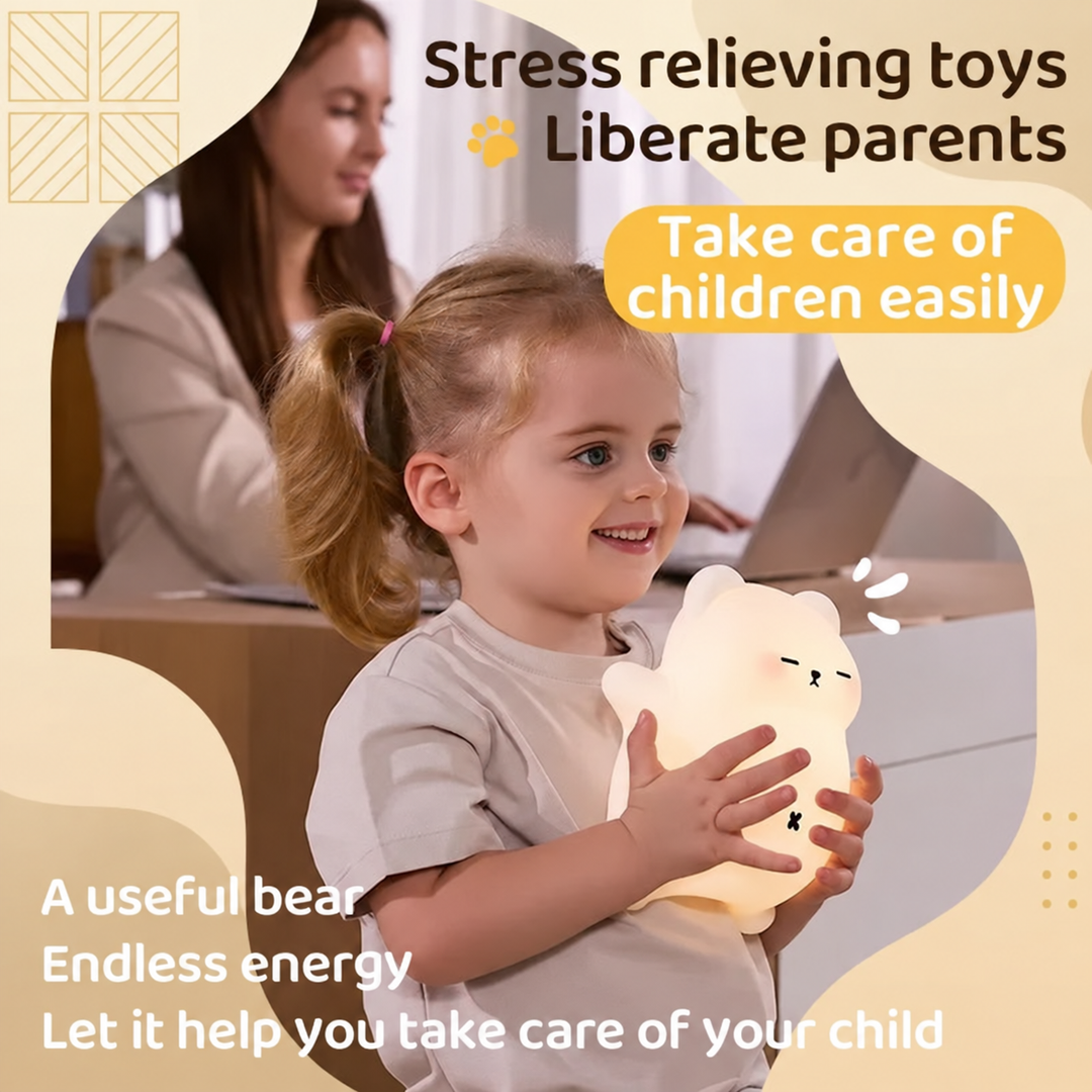 Child holding a white bear-shaped night light while an adult sits nearby