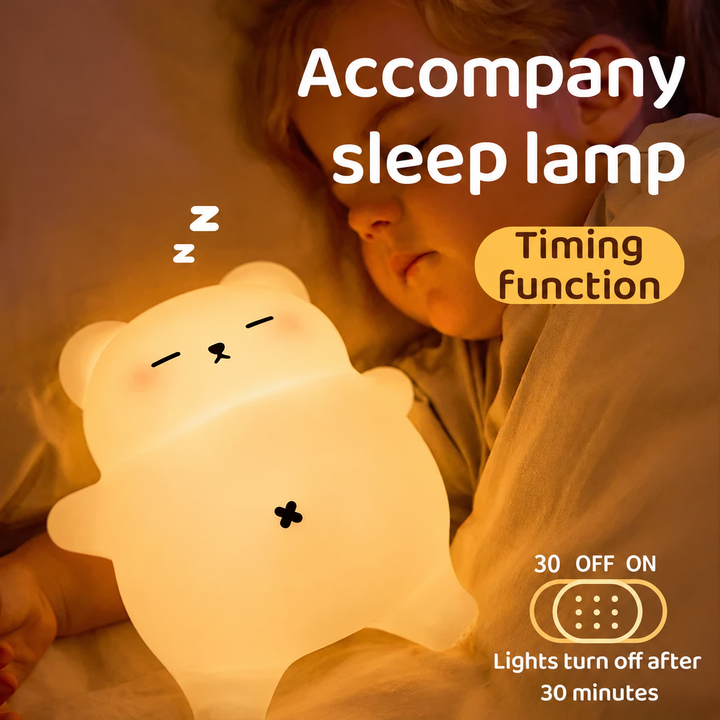 Glowing bear night light beside a resting child, with 30-minute timer controls shown