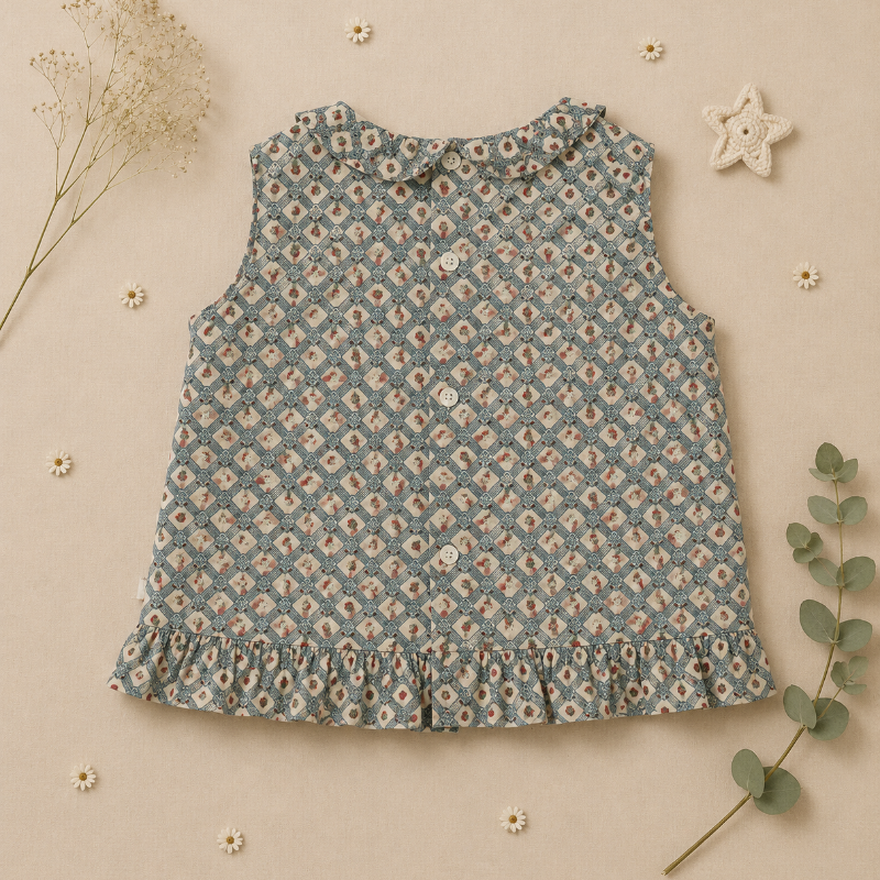 Sleeveless daisy-print blouse with a ruffled hem laid flat
