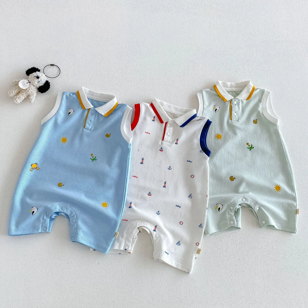 Three sleeveless baby polo rompers laid side by side in light blue, white, and light green