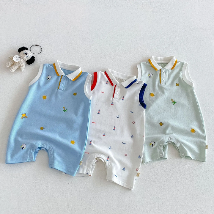 Three sleeveless baby polo rompers laid side by side in light blue, white, and light green