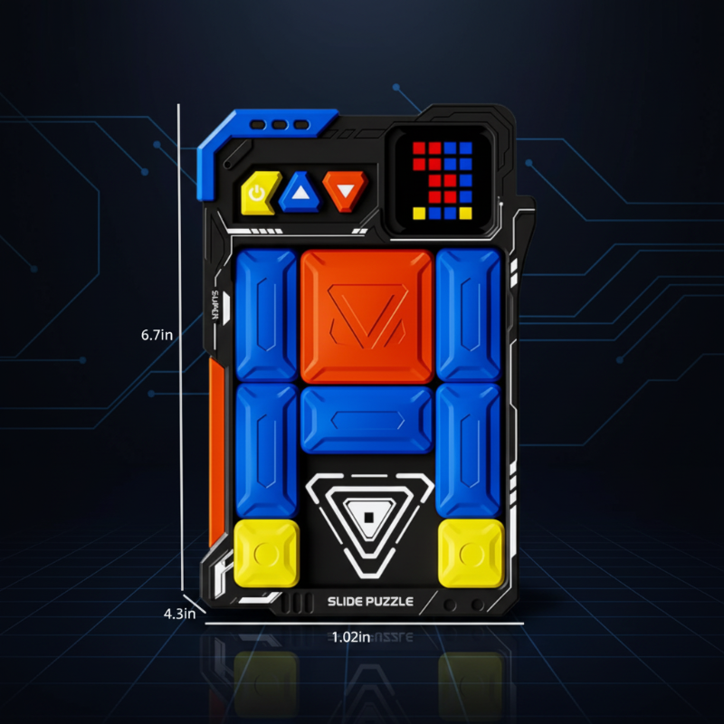 Sliding puzzle diagram showing a 6.7-inch height, 4.3-inch width, and 1.02-inch depth