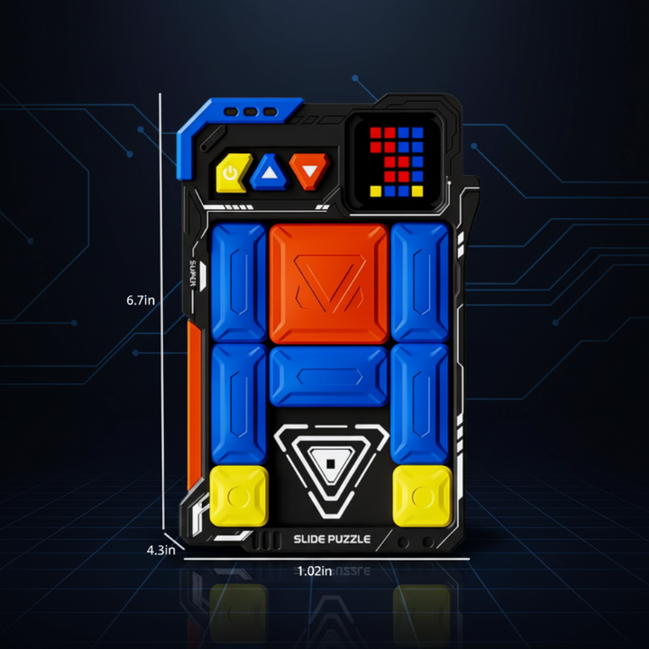 Sliding puzzle diagram showing a 6.7-inch height, 4.3-inch width, and 1.02-inch depth