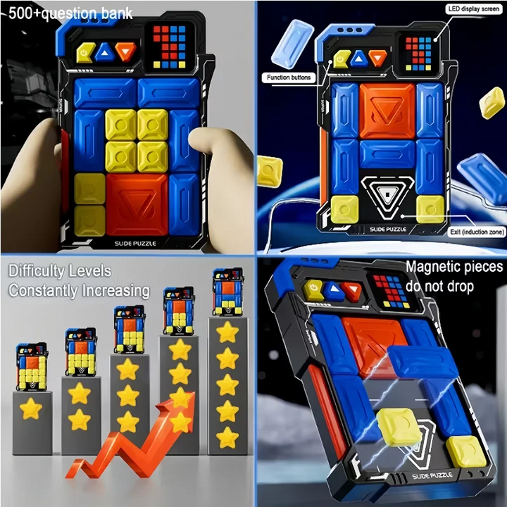 Feature collage showing block layouts, the LED screen, and increasing puzzle difficulty