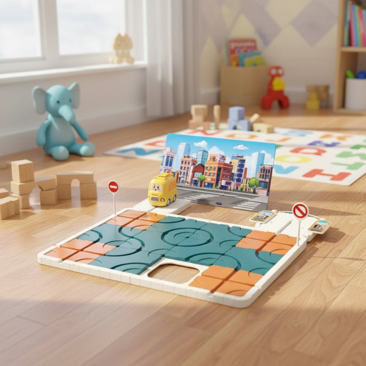City-themed track puzzle on a playroom table with a yellow car and road signs