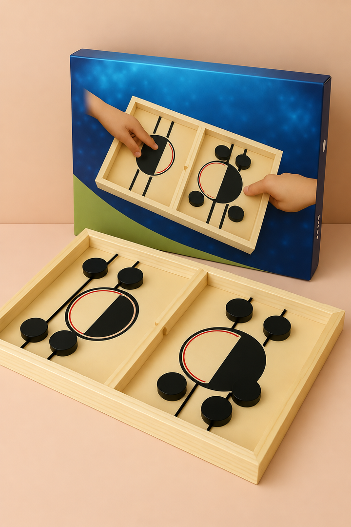 Wooden sling puck board with black pucks displayed in front of its blue game box