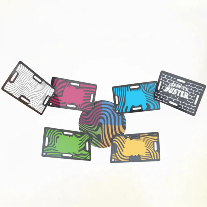 Multicolored slotted cards connected around a patterned circular disc.